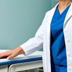 **

A professional female doctor in a clean, modern hospital examination room, fully clothed in a white lab coat and modest medical attire, safe for work, appropriate content, perfect anatomy, correct proportions, natural pose, friendly expression, well-formed hands, proper finger count, natural body proportions, professional.

**